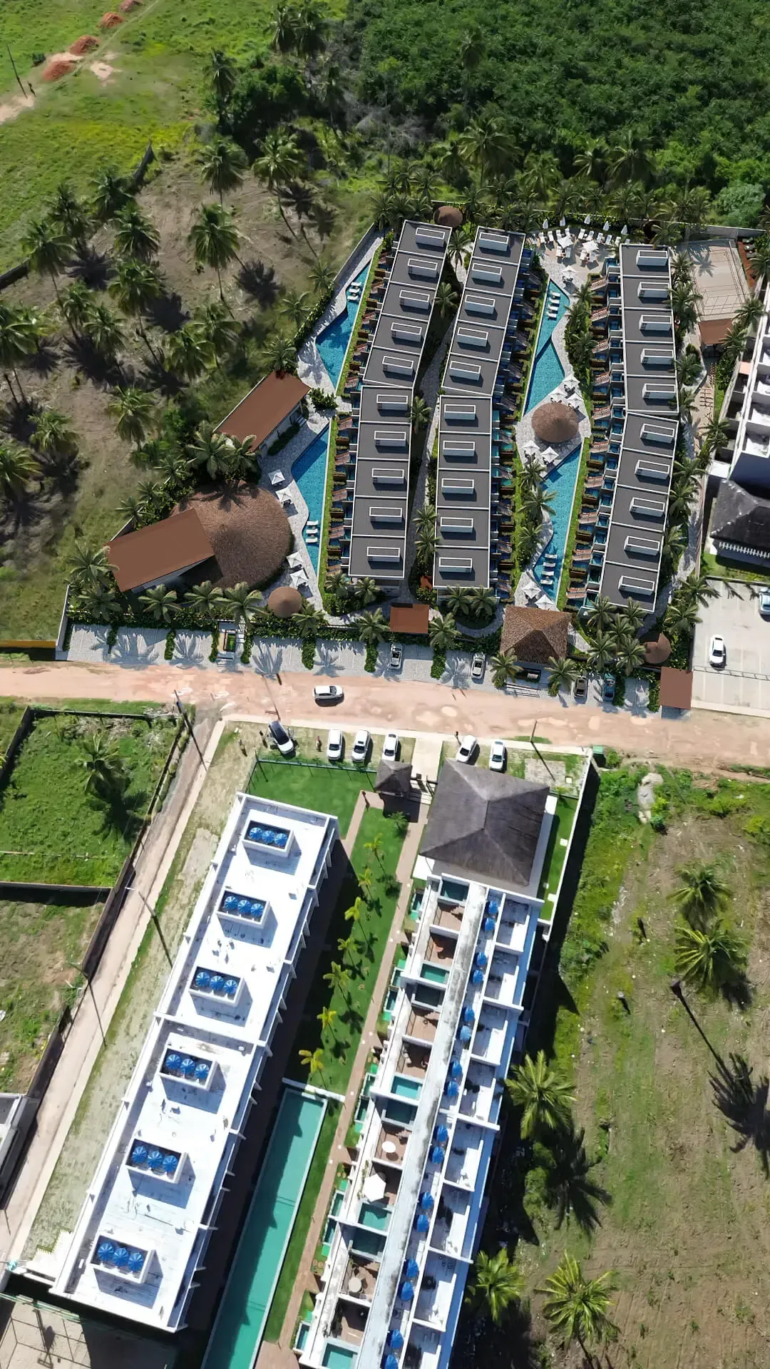 Vista aérea das três ruas de unidades e o lazer central