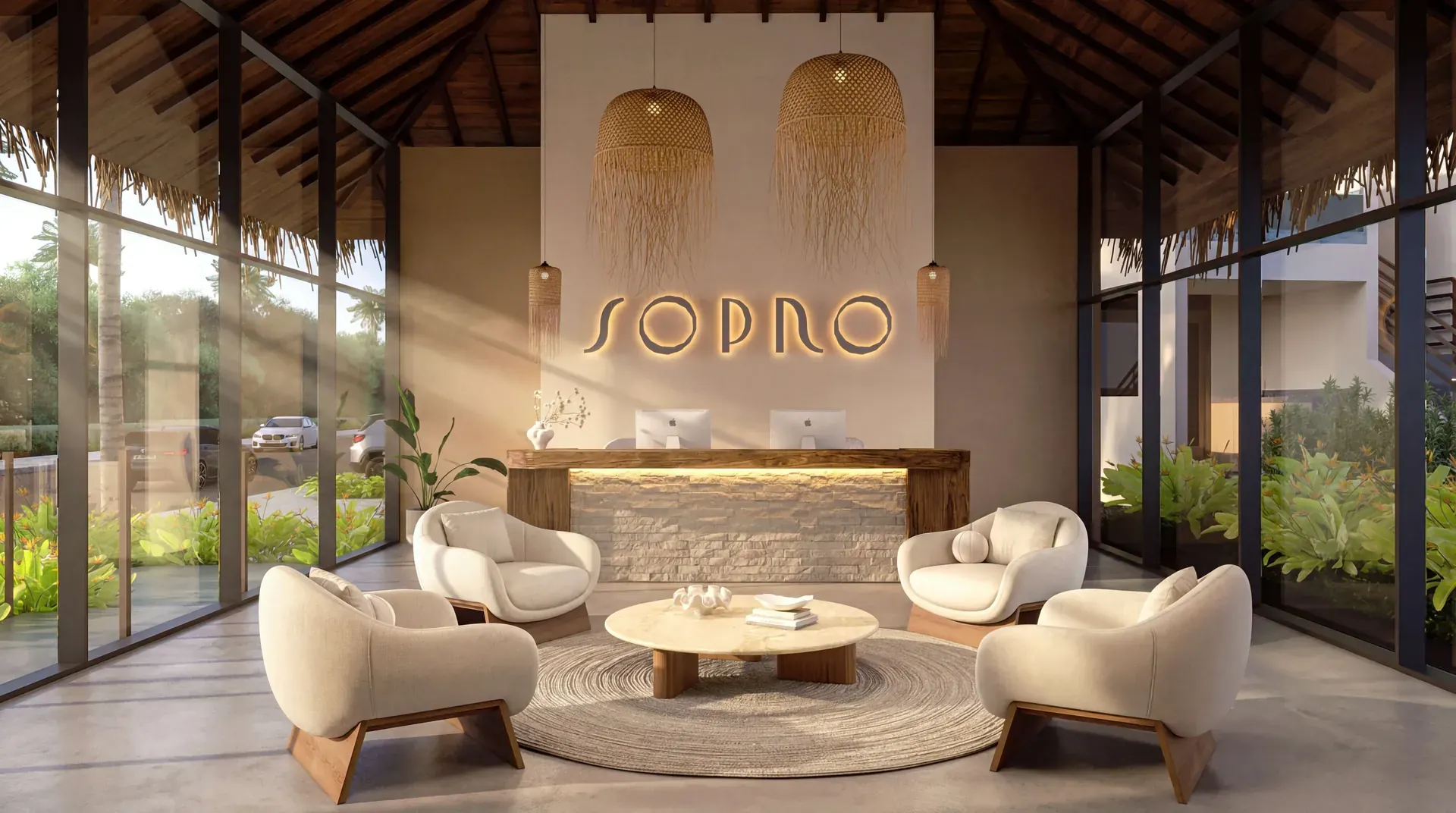Recepção do Sopro, com o logo iluminado e estar