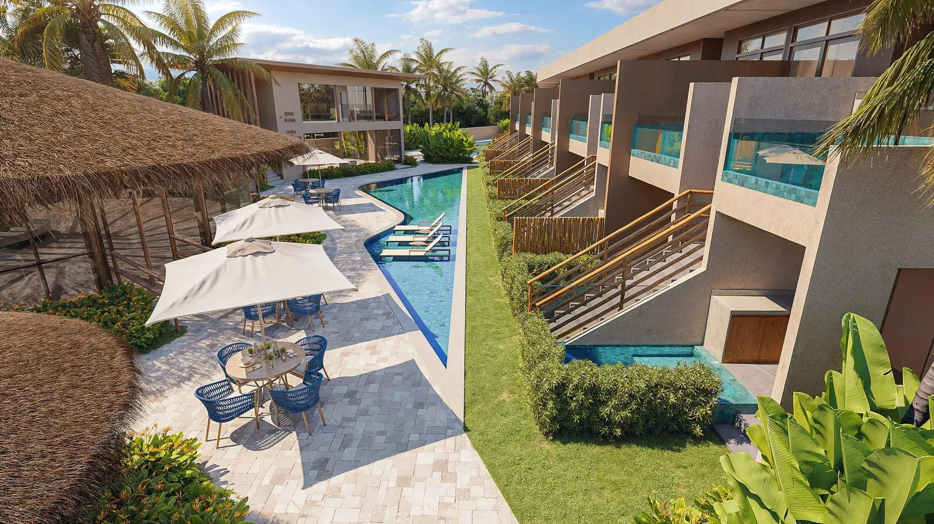Bar de palha, piscina linear e unidades com piscina privativa