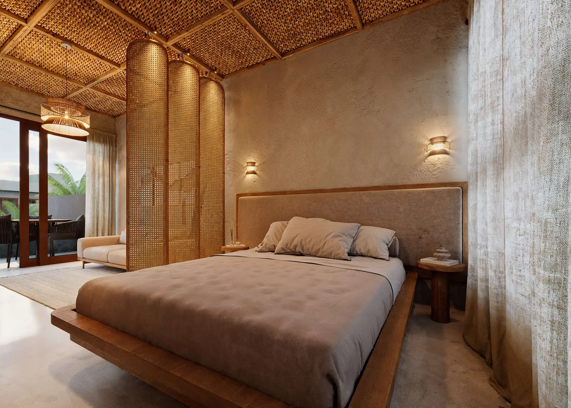 Quarto de um apartamento do Sopro, com palha no forro
