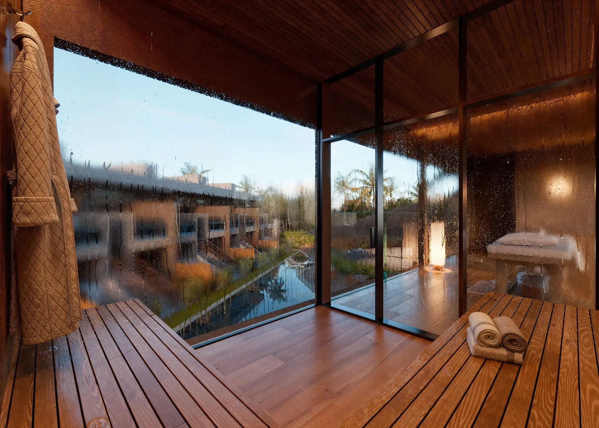 Sauna com vista para o empreendimento