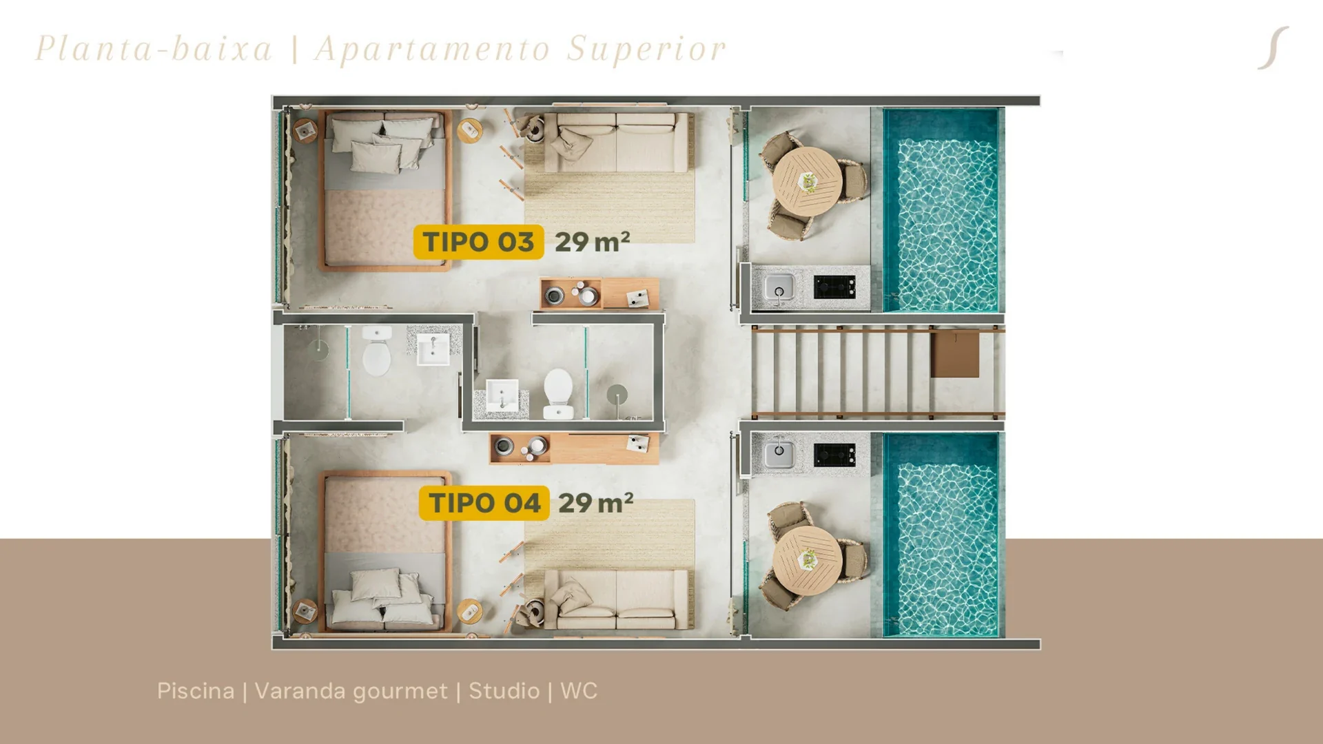 Planta oficial de duas unidades superiores espelhadas do Sopro, com piscina, varanda gourmet, studio e banheiro