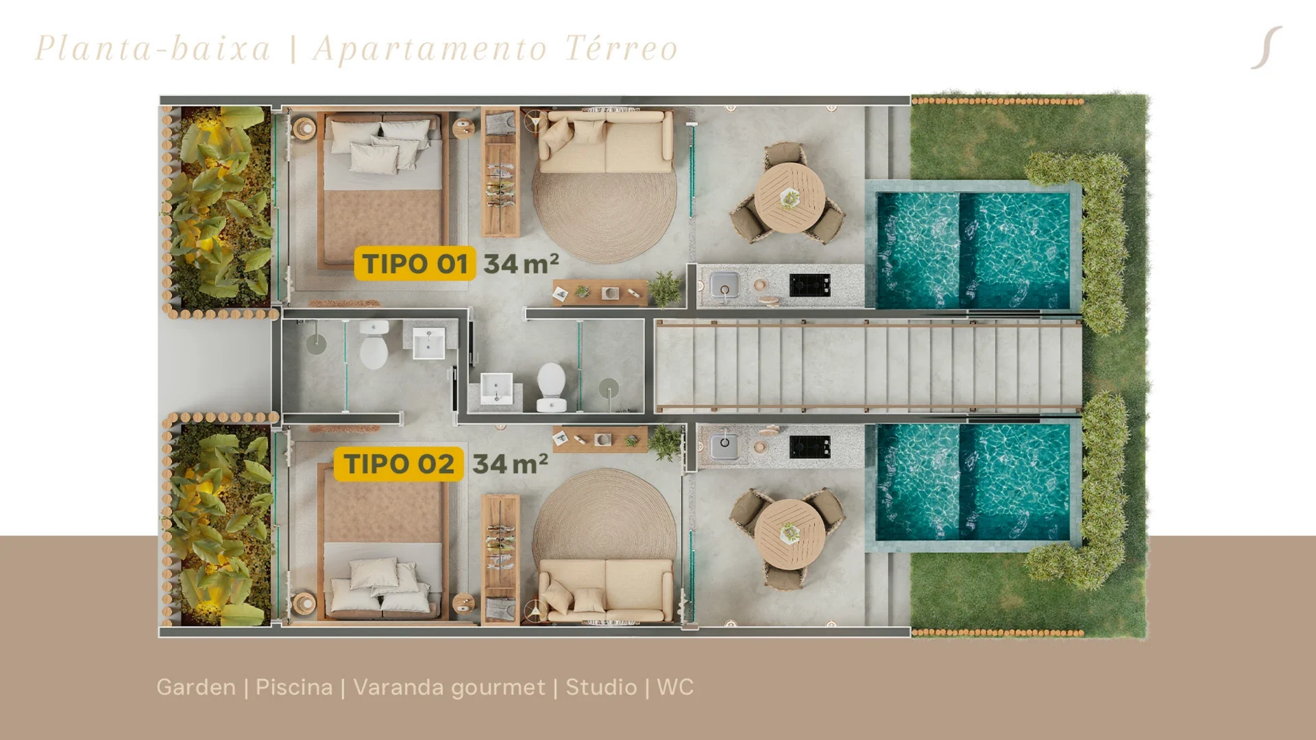 Planta oficial de duas unidades térreas espelhadas do Sopro, com garden, piscina, varanda gourmet, studio e banheiro
