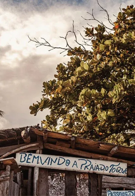 Placa de bem-vindo na Praia do Toque, sob uma árvore.